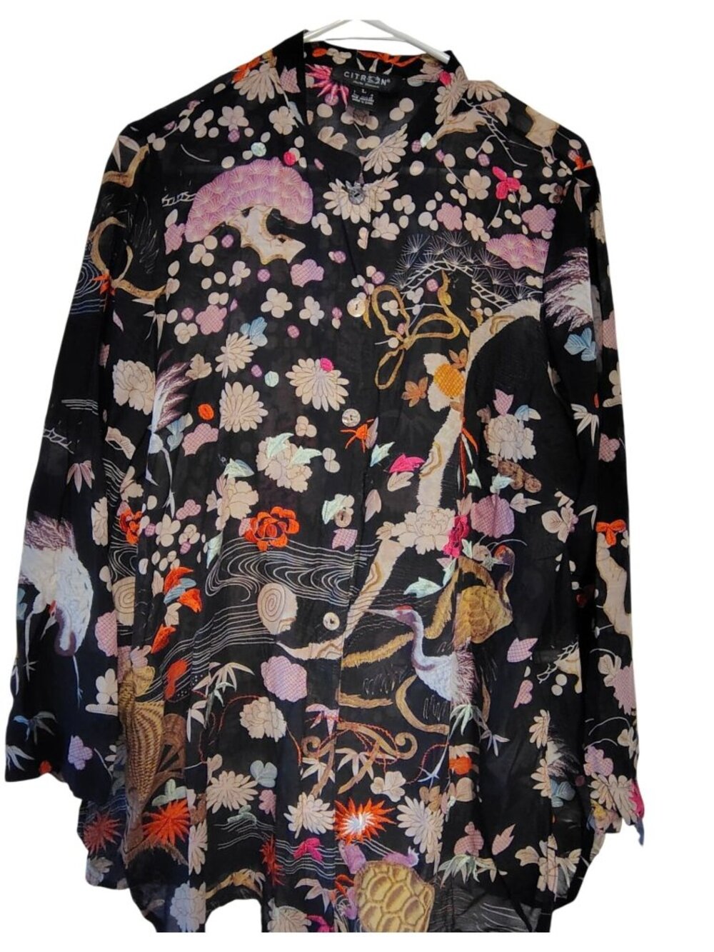 Citron Large Blouse Crane Flower, Silk Cotton Blend Art to Wear, Button Front
